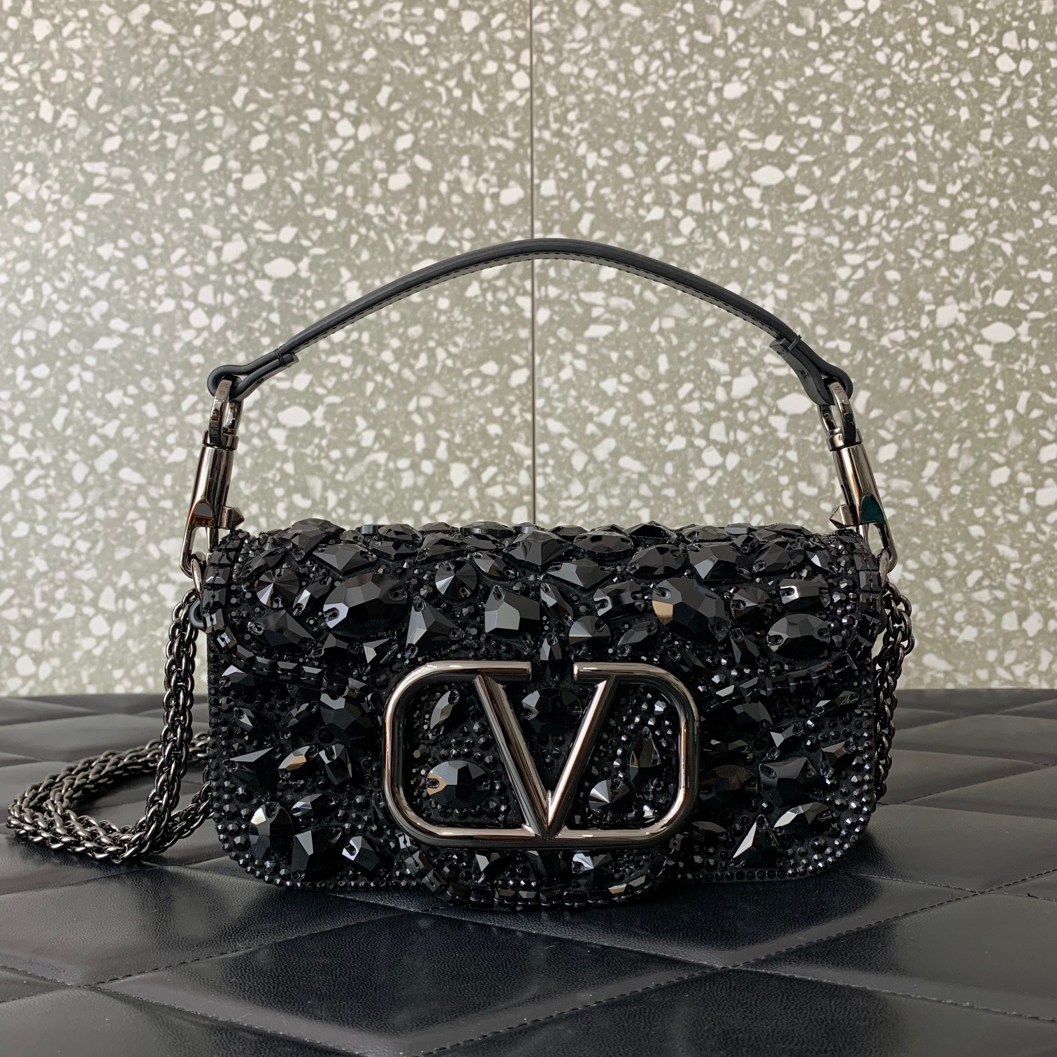 Valentino Garavani Loco Small Shoulder Bag Covered in Black Crystals